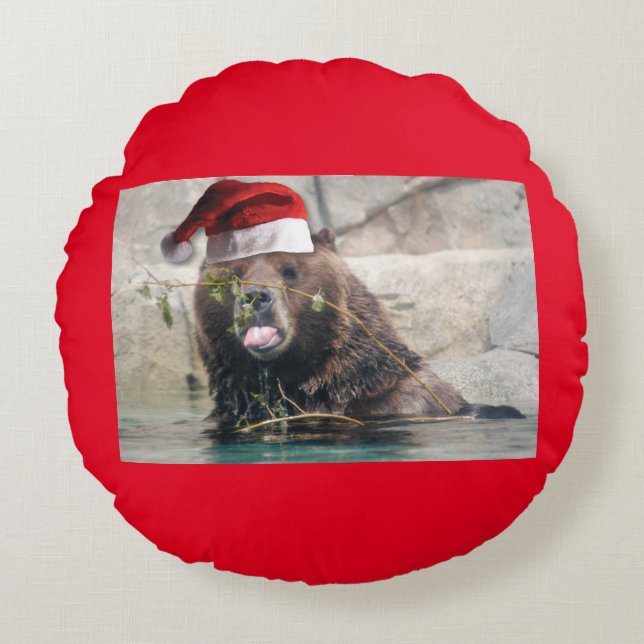 Grizzly Bear med Jultomten Hat Rund Kudde (Framsidan)