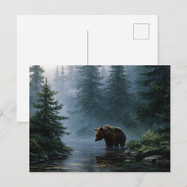 Grizzly Bear Misty Forest Vykort (Fram/baksida)