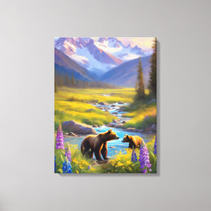 Grizzly Bear Mountain Meadow Wildblommor Painting Canvastryck