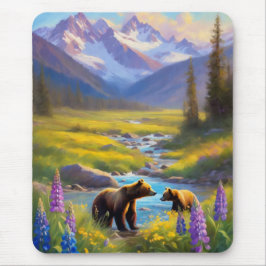 Grizzly Bear Mountain Meadow Wildblommor Painting Musmatta