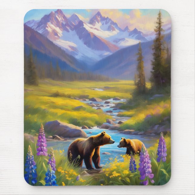 Grizzly Bear Mountain Meadow Wildblommor Painting Musmatta (Framsidan)