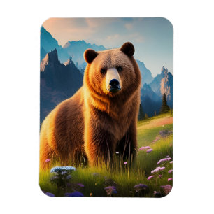 Grizzly Bear on Mounside in blommor Magnet