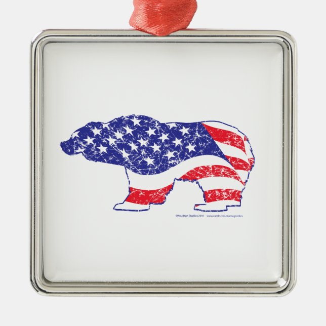 Grizzly Bear Patriotic Flagga Julgransprydnad Metall (Framsidan)
