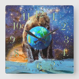 Grizzly Bear & Planet Earth Fantasy Art Clock Fyrkantig Klocka