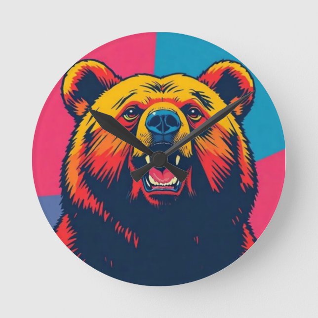 Grizzly Bear Pop Art Rund Klocka (Framsida)