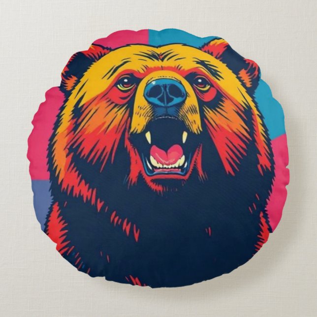 Grizzly Bear Pop Art Rund Kudde (Framsidan)