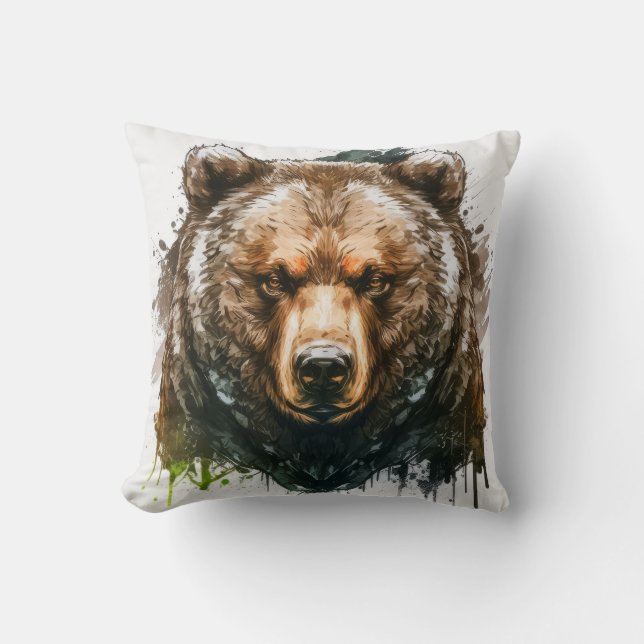 Grizzly Bear Porträtt Animal Painting Wildlife Art Kudde (Framsida)