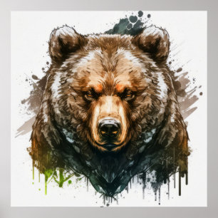 Grizzly Bear Porträtt Animal Painting Wildlife Art Poster