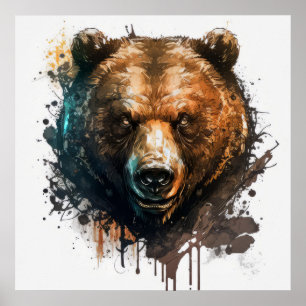 Grizzly Bear Porträtt Animal Painting Wildlife Art Poster