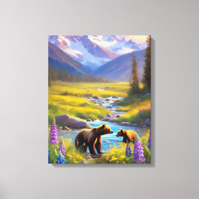Grizzly Bear Rocky Mountain Vår Meadow Lupins Canvastryck (Framsida)
