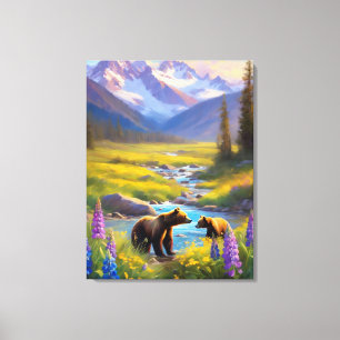 Grizzly Bear Rocky Mountain Vår Meadow Lupins Canvastryck