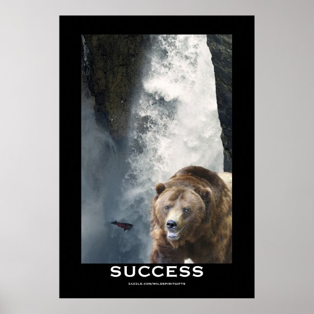 Grizzly Bear Salmon & Waterfall SUCCESS Motivation Poster (Framsidan)