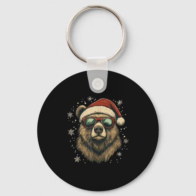 Grizzly Bear Santa Hat Funny Cute Animal Lover Chr Nyckelring (Framsida)