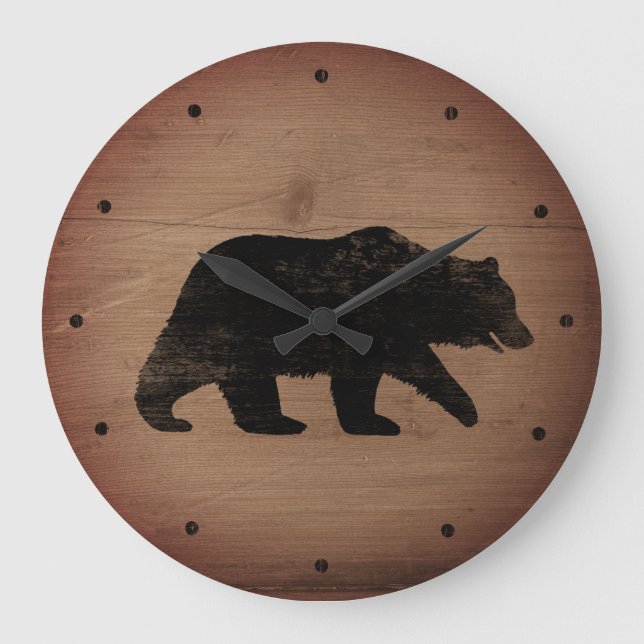 Grizzly Bear Silhouette Rustic Stil Stor Klocka (Framsida)