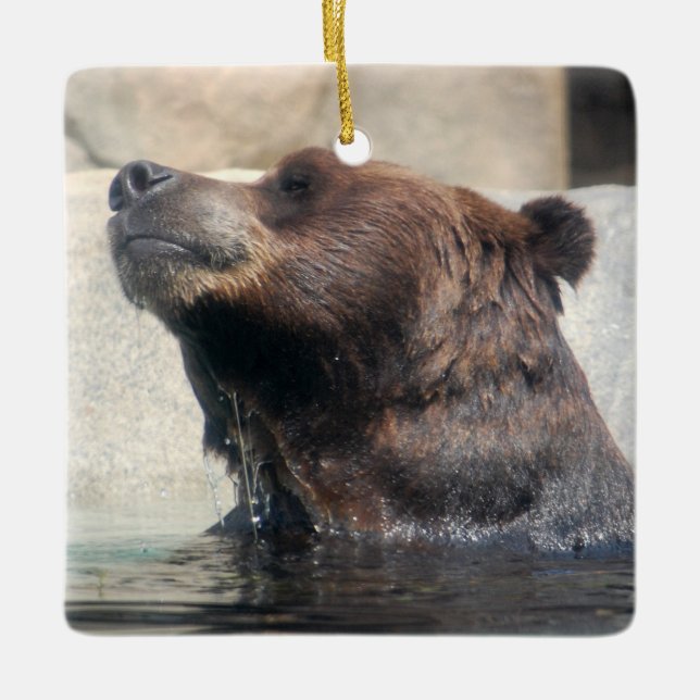 Grizzly Bear Spela i Vatten Julgransprydnad Keramik (Framsida)