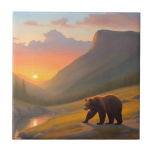 Grizzly Bear Sunset Forest Cabin Lodge Kakelplatta