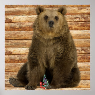 Grizzly Bear Trä Rustik Stuga Stil Poster