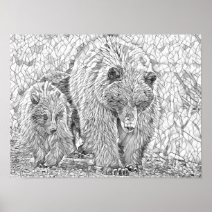 Grizzly Bear & Unge Grått abstrakt-färgning Poster