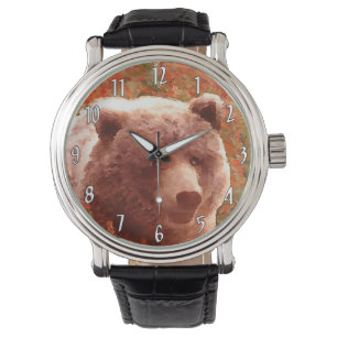 Grizzly Bear Unge i Fireweed Painting Wildlife Art Armbandsur
