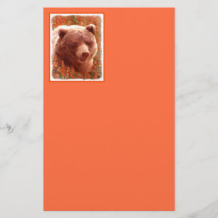 Grizzly Bear Unge i Fireweed Painting Wildlife Art Brevpapper
