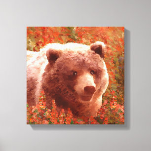 Grizzly Bear Unge i Fireweed Painting Wildlife Art Canvastryck