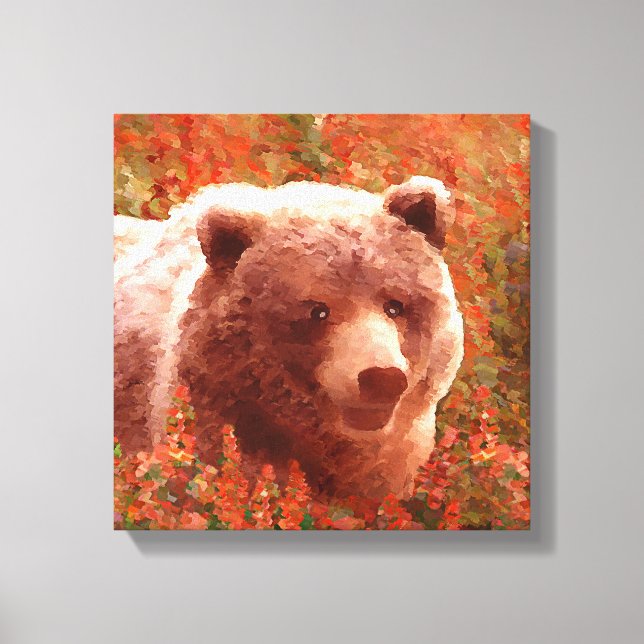 Grizzly Bear Unge i Fireweed Painting Wildlife Art Canvastryck (Framsida)