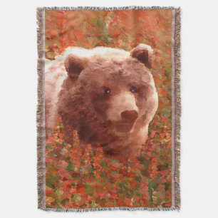 Grizzly Bear Unge i Fireweed Painting Wildlife Art Filt