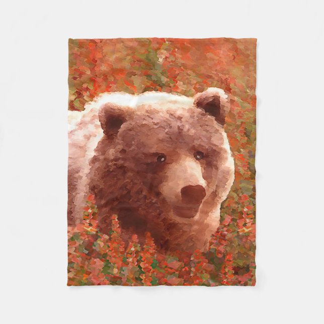 Grizzly Bear Unge i Fireweed Painting Wildlife Art Fleecefilt (Framsidan)