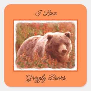 Grizzly Bear Unge i Fireweed Painting Wildlife Art Fyrkantigt Klistermärke
