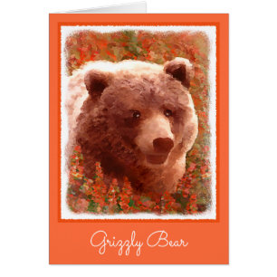 Grizzly Bear Unge i Fireweed Painting Wildlife Art Hälsningskort