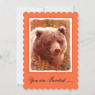 Grizzly Bear Unge i Fireweed Painting Wildlife Art Inbjudningar