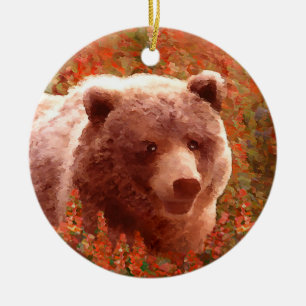 Grizzly Bear Unge i Fireweed Painting Wildlife Art Julgransprydnad Keramik