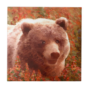 Grizzly Bear Unge i Fireweed Painting Wildlife Art Kakelplatta