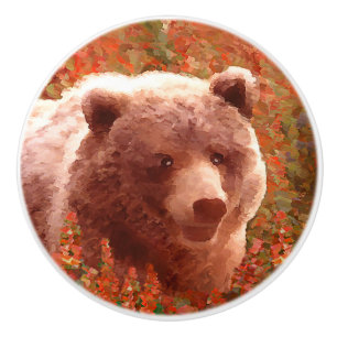 Grizzly Bear Unge i Fireweed Painting Wildlife Art Knopp