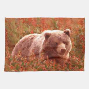Grizzly Bear Unge i Fireweed Painting Wildlife Art Kökshandduk
