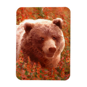 Grizzly Bear Unge i Fireweed Painting Wildlife Art Magnet