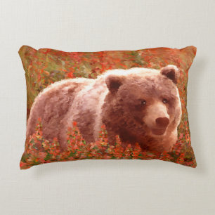 Grizzly Bear Unge i Fireweed Painting Wildlife Art Prydnadskudde