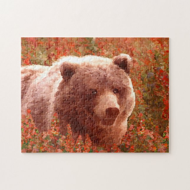 Grizzly Bear Unge i Fireweed Painting Wildlife Art Pussel (Horisontell)