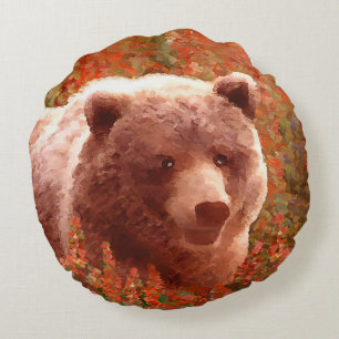Grizzly Bear Unge i Fireweed Painting Wildlife Art Rund Kudde