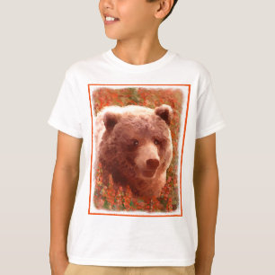 Grizzly Bear Unge i Fireweed Painting Wildlife Art T Shirt