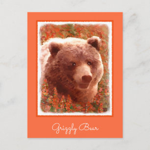 Grizzly Bear Unge i Fireweed Painting Wildlife Art Vykort
