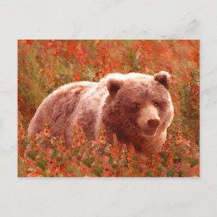 Grizzly Bear Unge i Fireweed Painting Wildlife Art Vykort