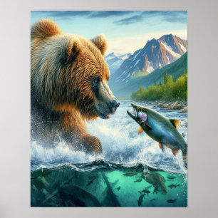 Grizzly Bears med lax av stålöring 16 x 20 Poster