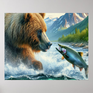 Grizzly Bears med lax av stålöring 16 x 20 Poster