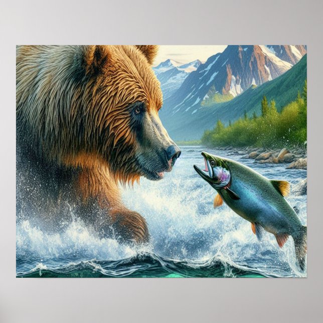 Grizzly Bears med lax av stålöring 16 x 20 Poster (Framsidan)