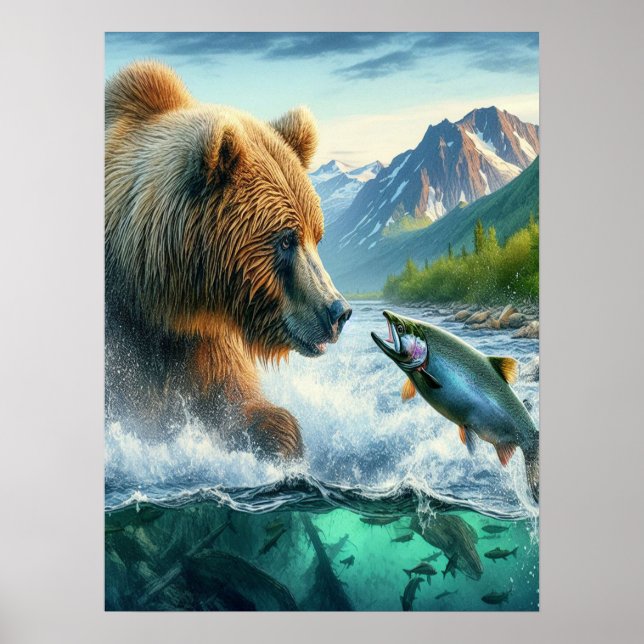Grizzly Bears med lax av stålöring 18 x 24 Poster (Framsidan)