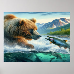 Grizzly Bears med lax av stålöring 24x18 Poster