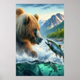 Grizzly Bears med lax av stålöring 24x36 Poster