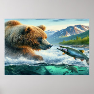 Grizzly Bears med lax av stålöring 36 x 24 Poster