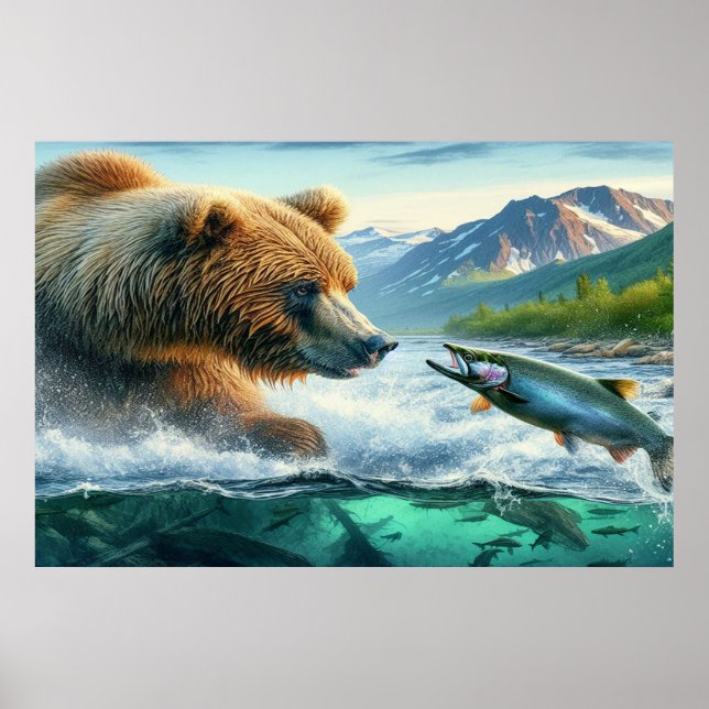 Grizzly Bears med lax av stålöring 36 x 24 Poster (Framsidan)